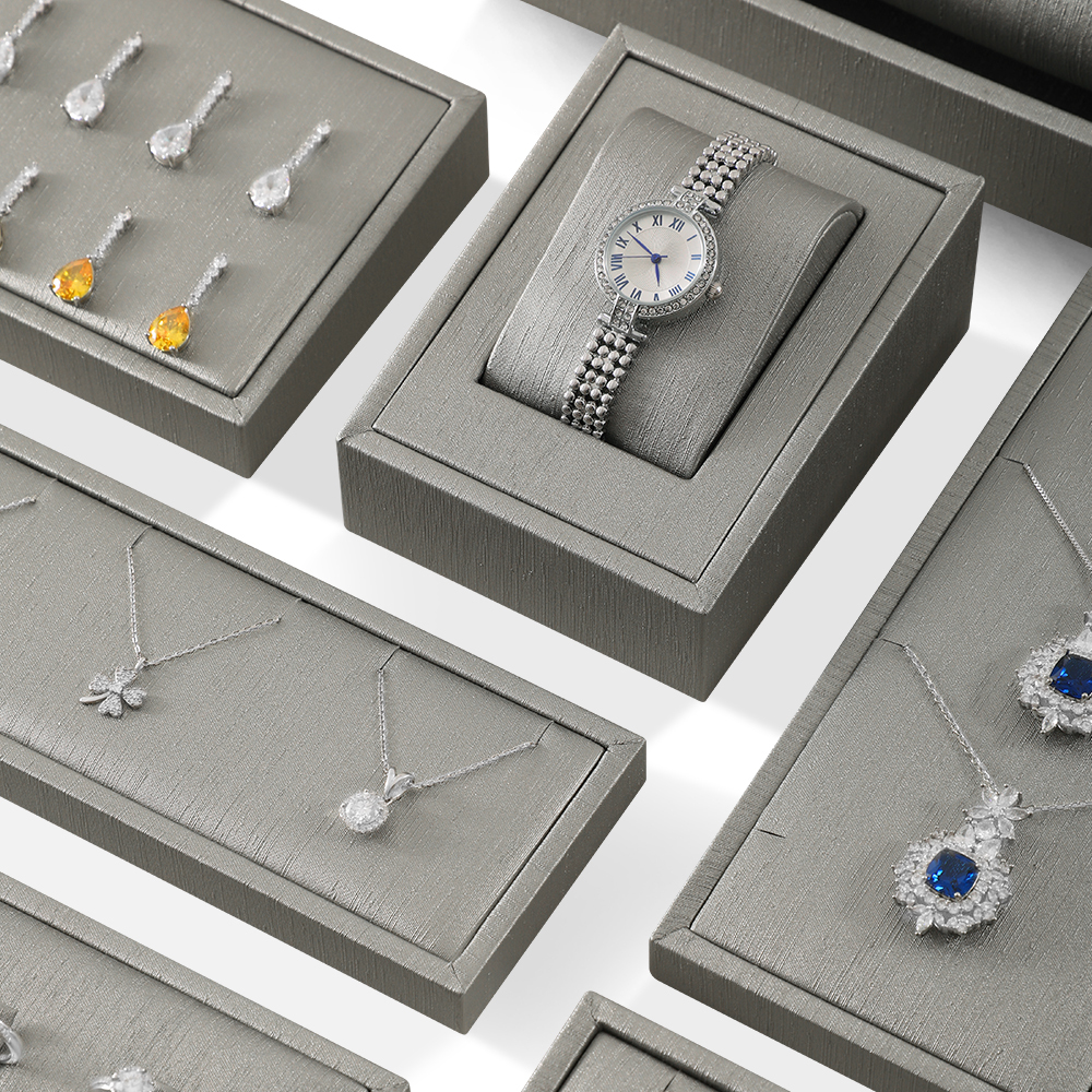 Yinbeini PU Leather Necklace Ring Earrings Bracelet Storage Stand Silver Gray Jewel Accerssories Display Set Pendant Watch Organizer jeweler counter