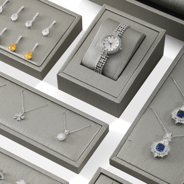 Yinbeini PU Leather Necklace Ring Earrings Bracelet Storage Stand Silver Gray Jewel Accerssories Display Set Pendant Watch Organizer jeweler counter