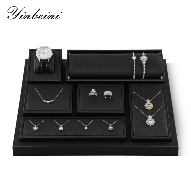 Yinbeini PU Leather Ring Necklace Earrings Bracelet Storage Stand Black Jewel Accerssories Display Set Pendant Watch Organizer jewelry counter TT007