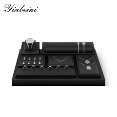 Yinbeini PU Leather Ring Necklace Earrings Bracelet Storage Stand Black Jewel Accerssories Display Set Pendant Watch Organizer jewelry counter TT007