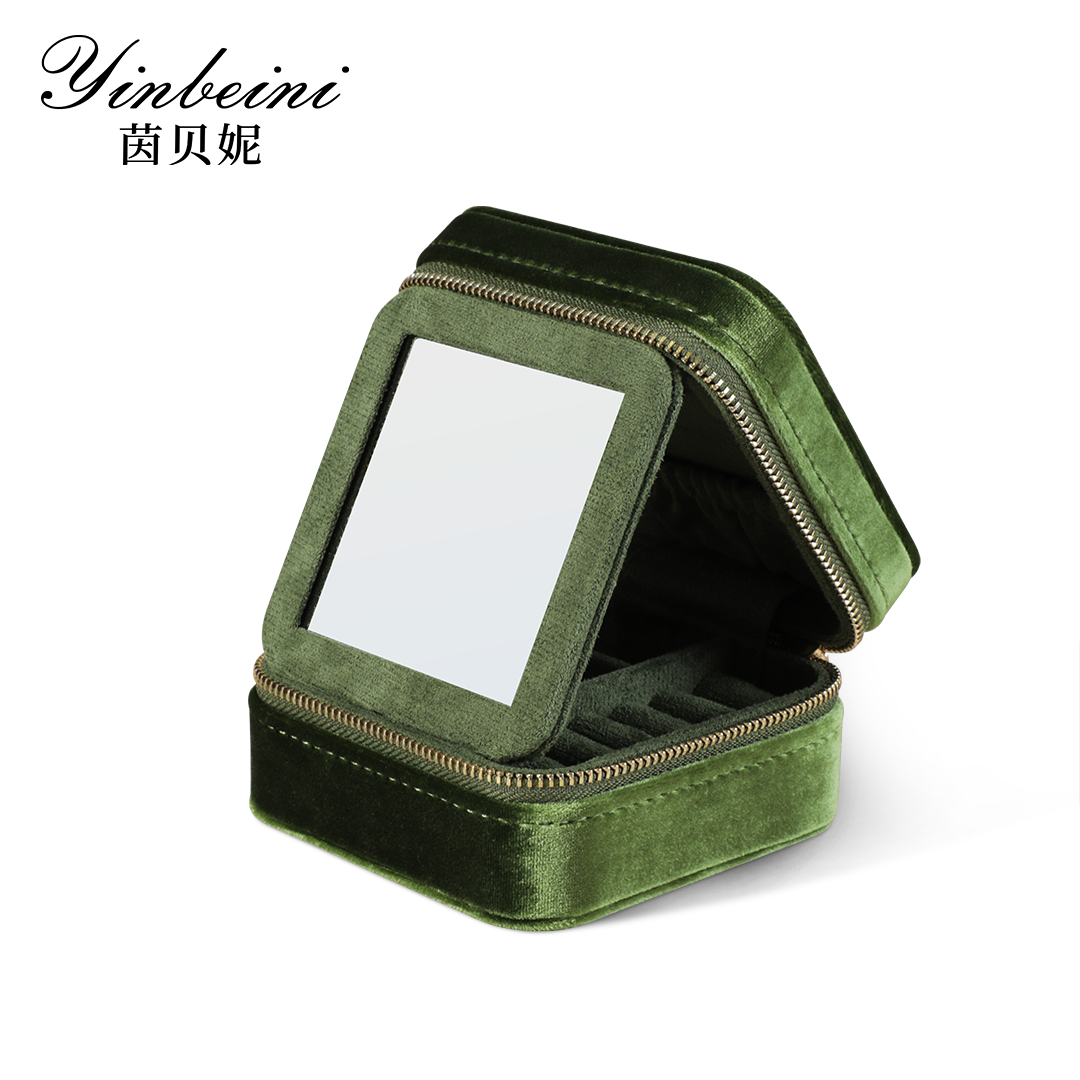 Yinbeini Olive Green Multi-Functional Zippered Bag with Mirror Great Item for Storing and Organizing Earrings and Necklaces BX001