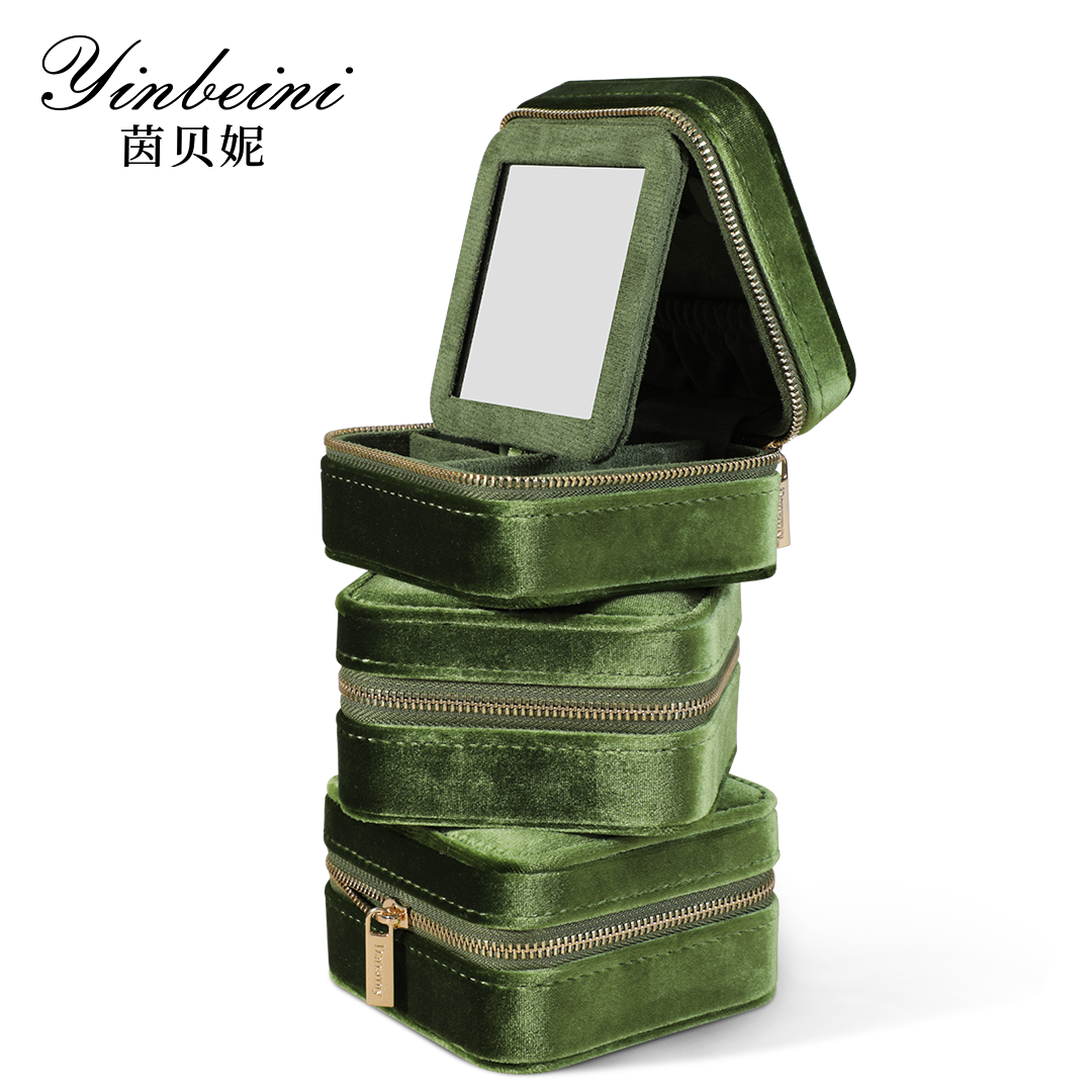 Yinbeini Olive Green Multi-Functional Zippered Bag with Mirror Great Item for Storing and Organizing Earrings and Necklaces BX001