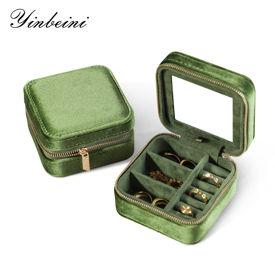 Yinbeini Olive Green Multi-Functional Zippered Bag with Mirror Great Item for Storing and Organizing Earrings and Necklaces BX001