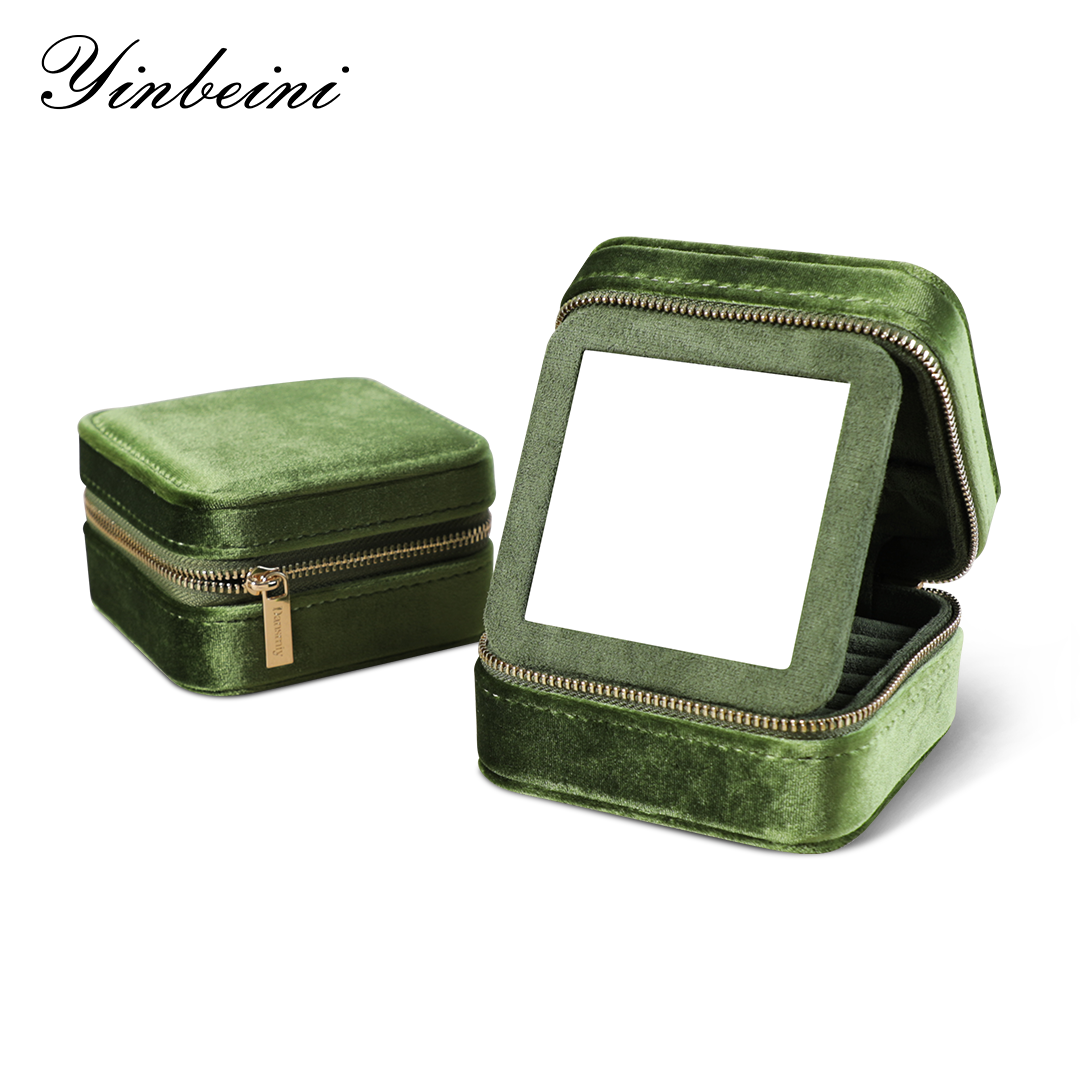 Yinbeini Olive Green Multi-Functional Zippered Bag with Mirror Great Item for Storing and Organizing Earrings and Necklaces BX001