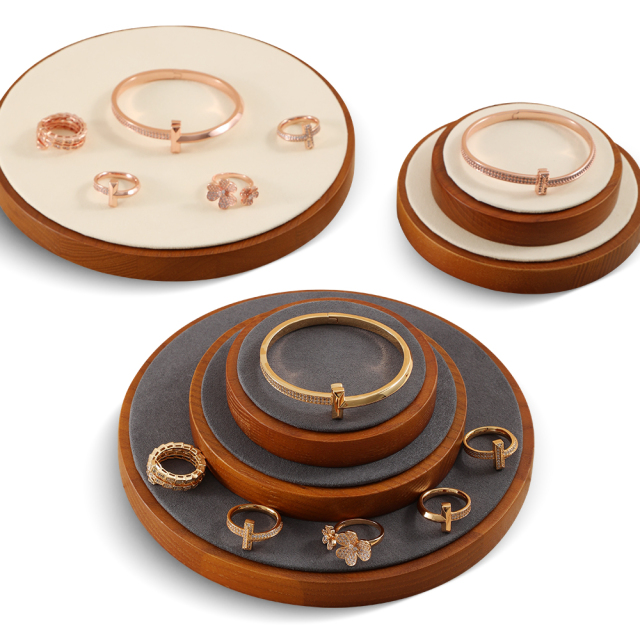 Yinbeini Wooden Earrings Bracelet Ring Organizer Jewelry Display Stand Watch Bangle Storage Holder Round Display Tray SM030
