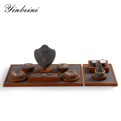 Yinbeini Wooden jewelry display two-color pad bracelet ring earrings necklace display tray Microfiber desktop display jewelry storage box