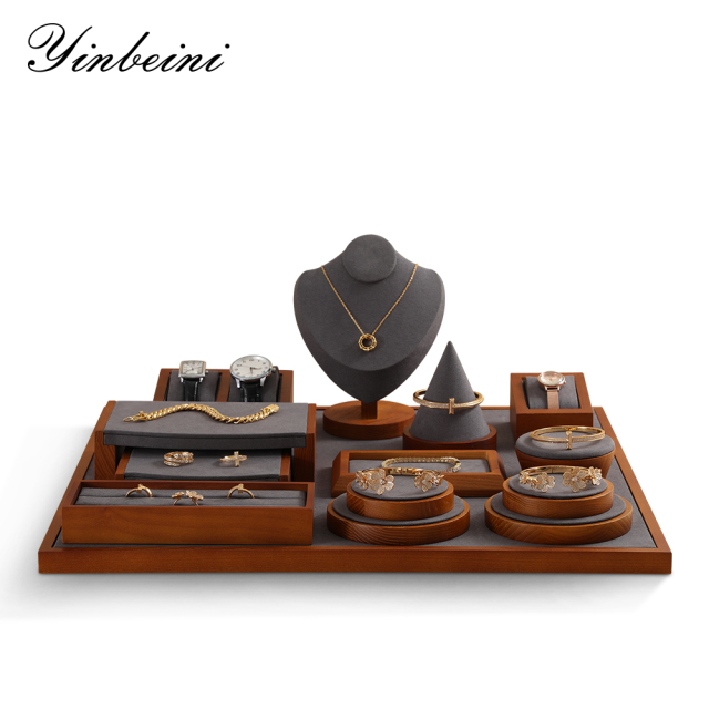 Yinbeini Wooden jewelry display two-color pad bracelet ring earrings necklace display tray Microfiber desktop display jewelry storage box