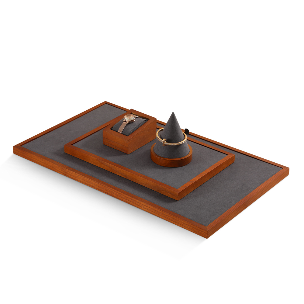 Yinbeini Wooden jewelry display two-color pad bracelet ring earrings necklace display tray Microfiber desktop display jewelry storage box