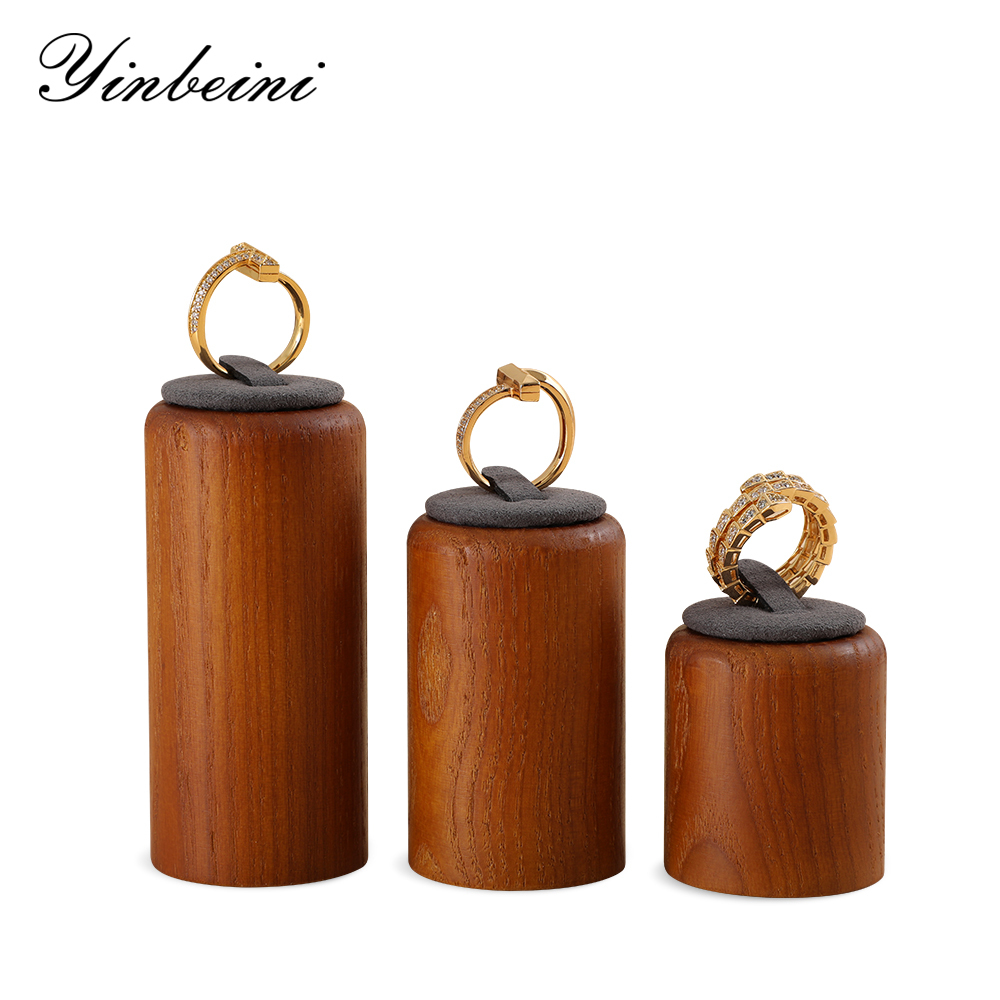 Yinbeini Wooden 3Pcs Ring Display Stand Ring Storage Holder with Microfiber Ring Organizer Shop Counter Table Top Prop