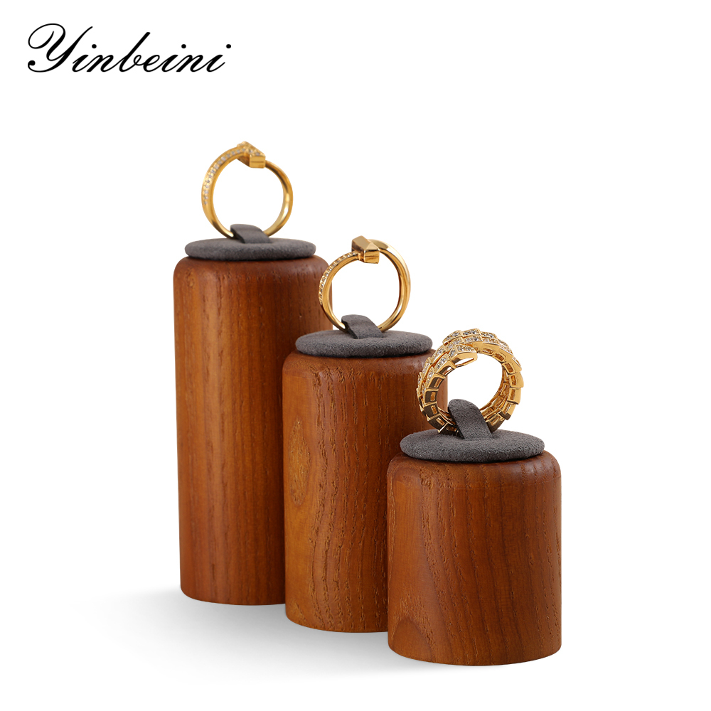 Yinbeini Wooden 3Pcs Ring Display Stand Ring Storage Holder with Microfiber Ring Organizer Shop Counter Table Top Prop