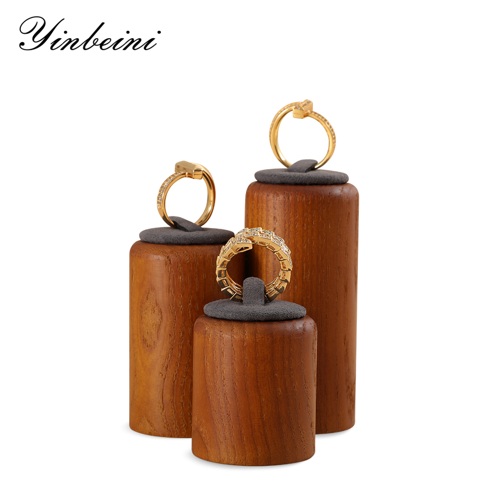 Yinbeini Wooden 3Pcs Ring Display Stand Ring Storage Holder with Microfiber Ring Organizer Shop Counter Table Top Prop