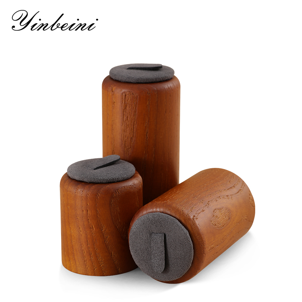 Yinbeini Wooden 3Pcs Ring Display Stand Ring Storage Holder with Microfiber Ring Organizer Shop Counter Table Top Prop