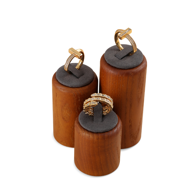 Yinbeini Wooden 3Pcs Ring Display Stand Ring Storage Holder with Microfiber Ring Organizer Shop Counter Table Top Prop