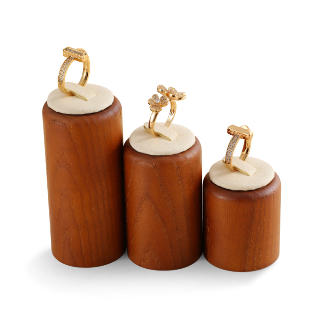 Yinbeini Wooden 3Pcs Ring Display Stand Ring Storage Holder with Microfiber Ring Organizer Shop Counter Table Top Prop