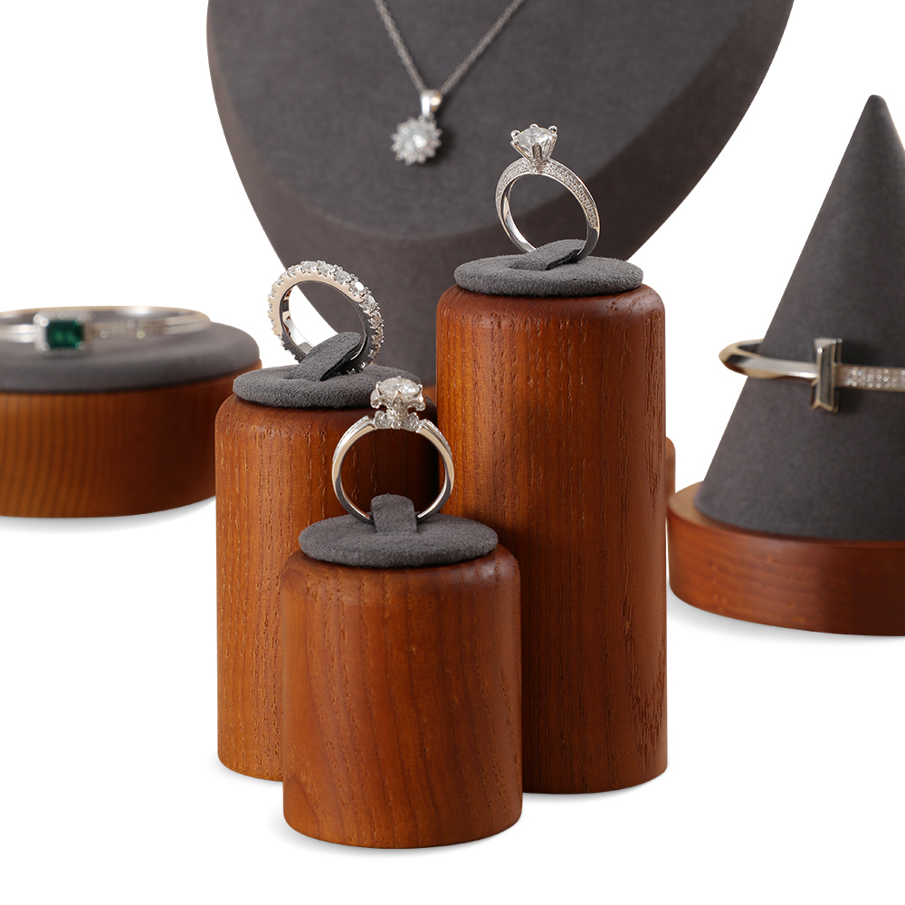 Yinbeini Wooden 3Pcs Ring Display Stand Ring Storage Holder with Microfiber Ring Organizer Shop Counter Table Top Prop