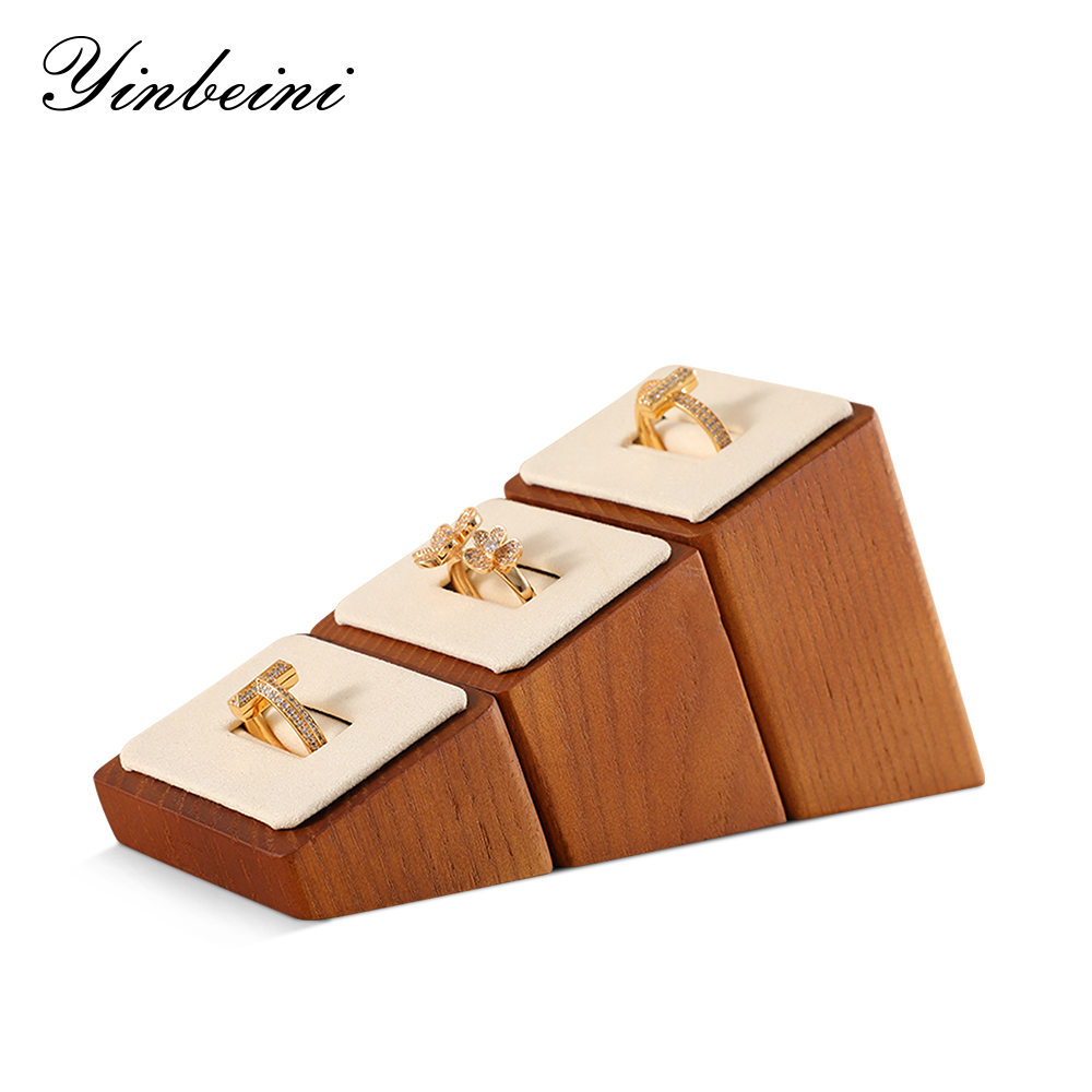 Yinbeini Wood Base 3-Piece Ring Set Display Stand with Sloping Base for Engagement and Wedding Rings SM036