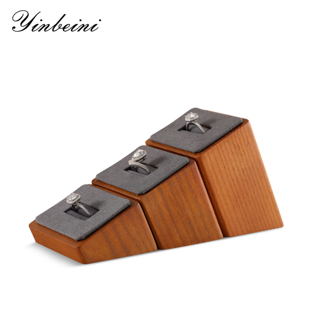 Yinbeini Wood Base 3-Piece Ring Set Display Stand with Sloping Base for Engagement and Wedding Rings SM036