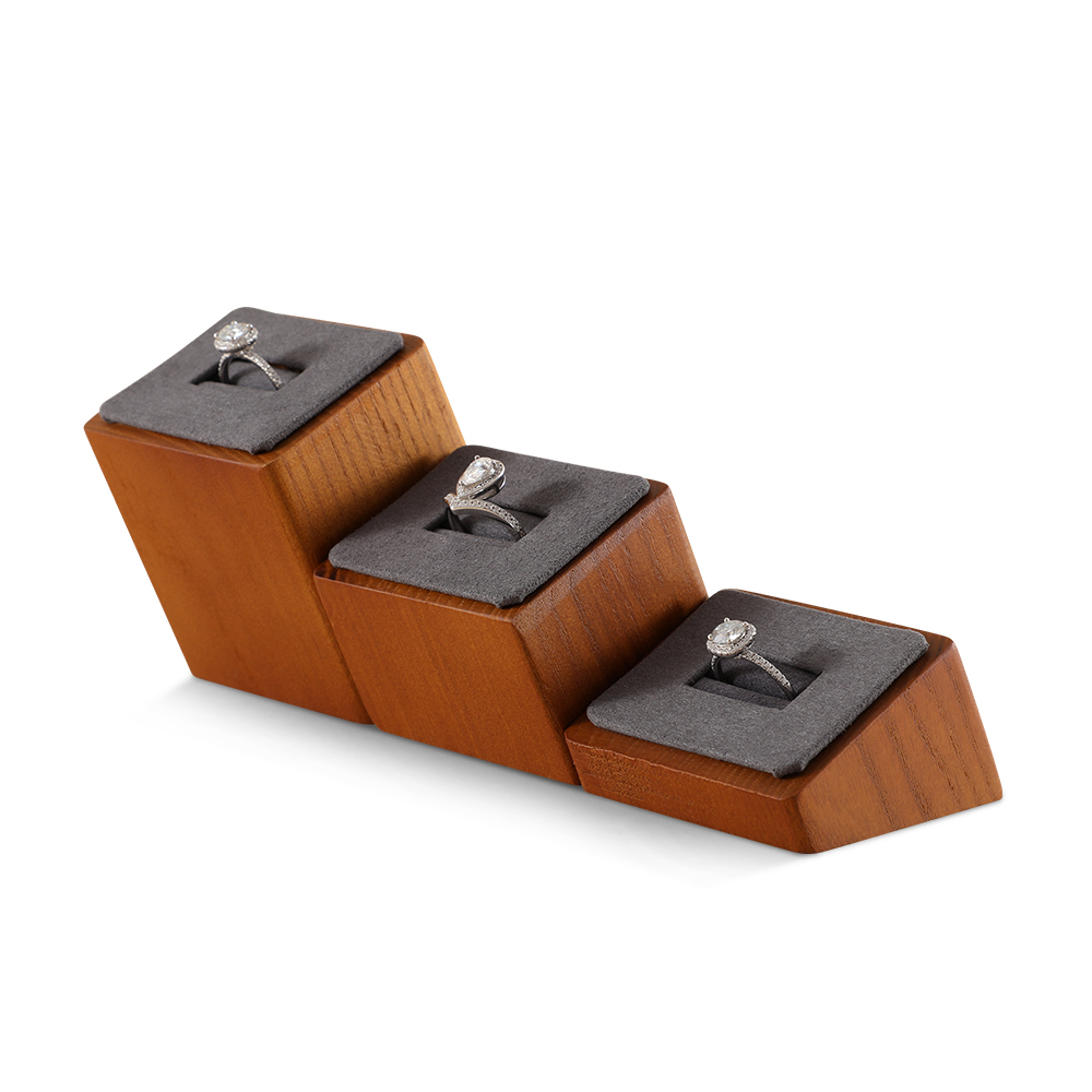 Yinbeini Wood Base 3-Piece Ring Set Display Stand with Sloping Base for Engagement and Wedding Rings SM036