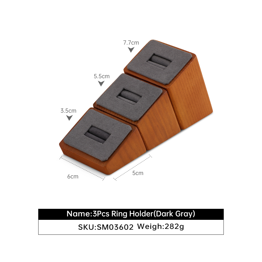 Yinbeini Wood Base 3-Piece Ring Set Display Stand with Sloping Base for Engagement and Wedding Rings SM036