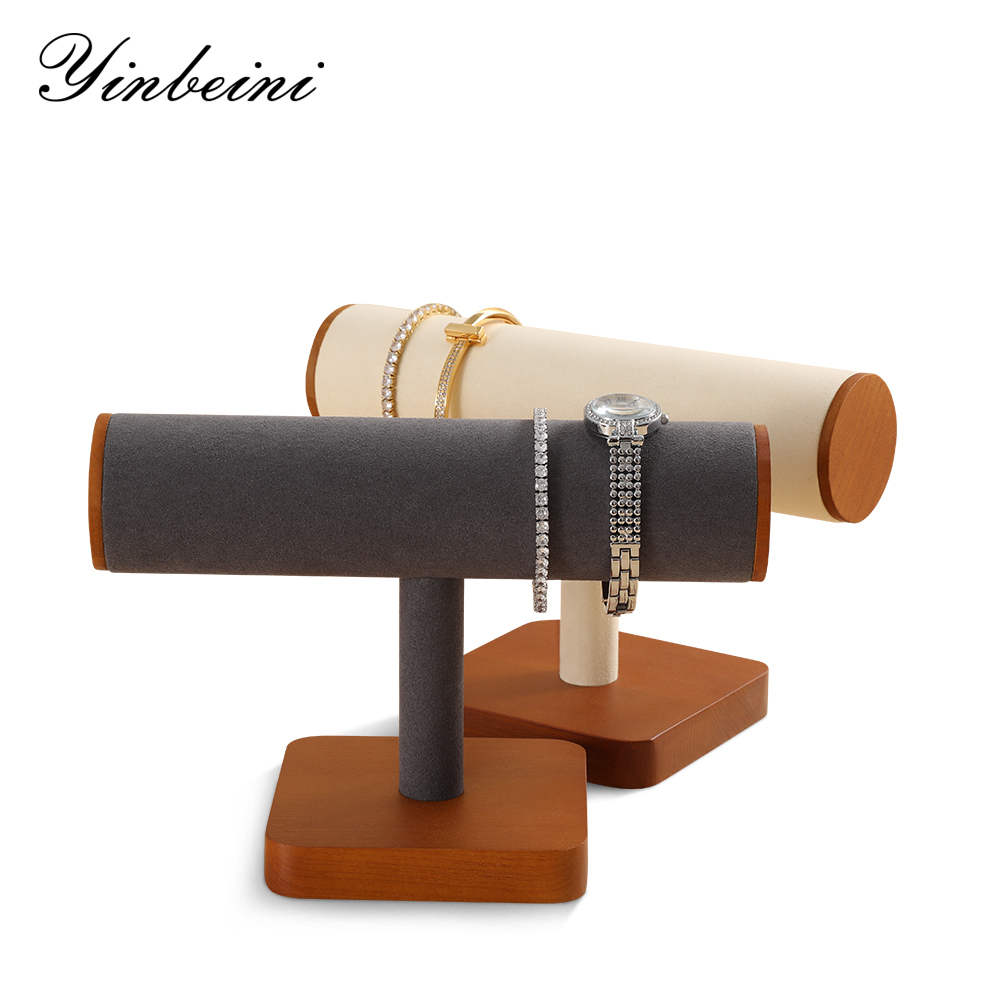 Yinbeini Soft Microfiber Wood Base Jewelry Bracelet Display Stand to Protect and Showcase Delicate Fine Jewelry Pieces SM037