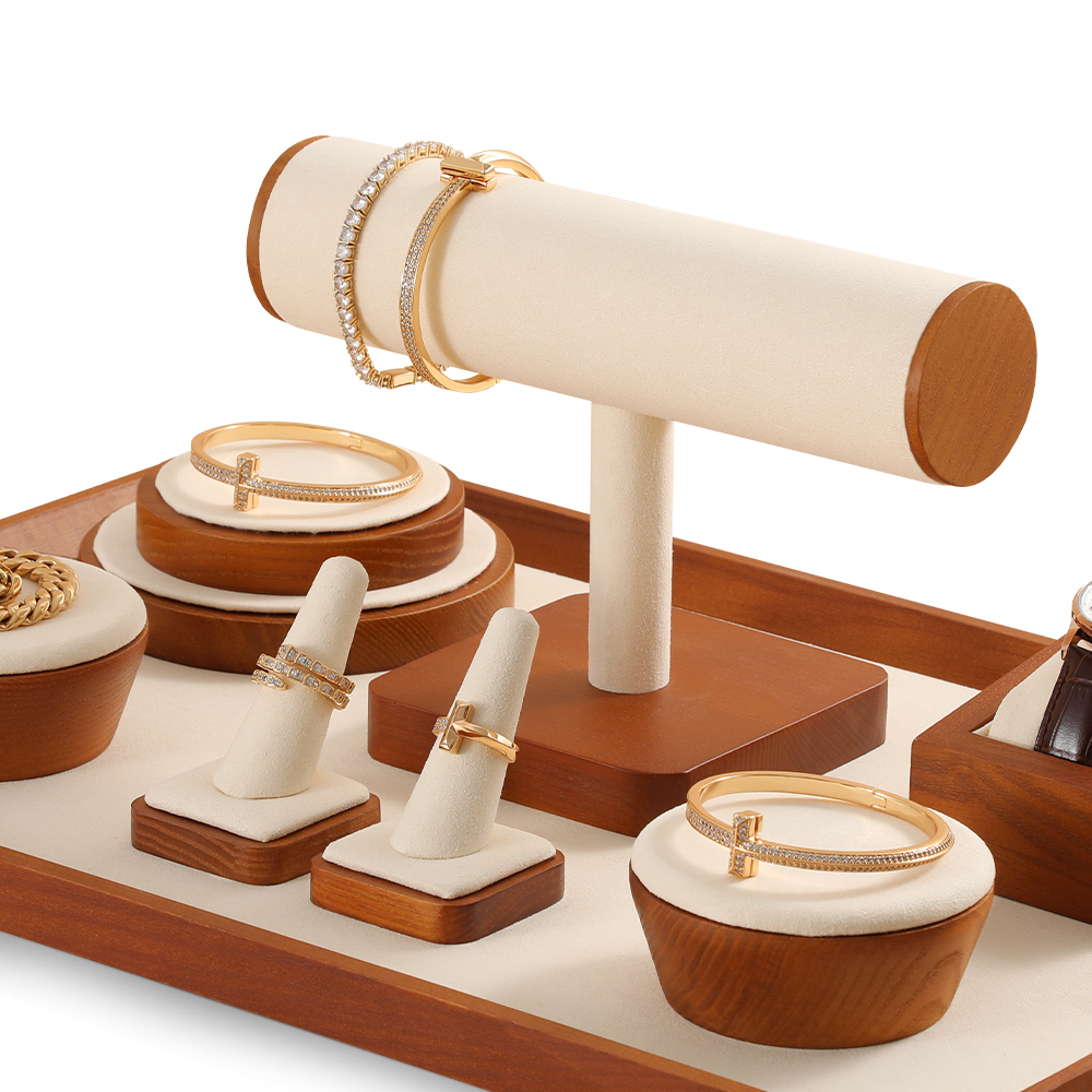 Yinbeini Soft Microfiber Wood Base Jewelry Bracelet Display Stand to Protect and Showcase Delicate Fine Jewelry Pieces SM037