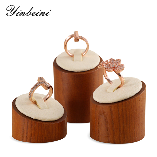 Yinbeini Ring Display Holder Wooden 3Pcs Ring Display Stand with Microfiber Ring Storage Organizer Rack Shop Show Prop SM044