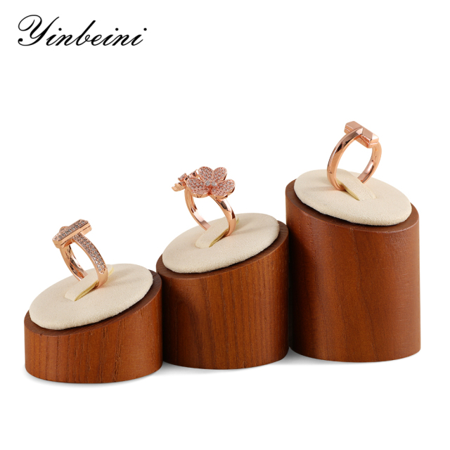 Yinbeini Ring Display Holder Wooden 3Pcs Ring Display Stand with Microfiber Ring Storage Organizer Rack Shop Show Prop SM044
