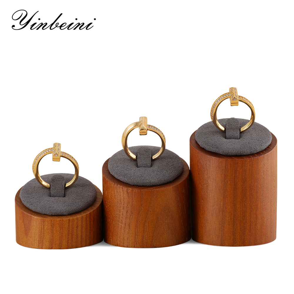 Yinbeini Ring Display Holder Wooden 3Pcs Ring Display Stand with Microfiber Ring Storage Organizer Rack Shop Show Prop SM044