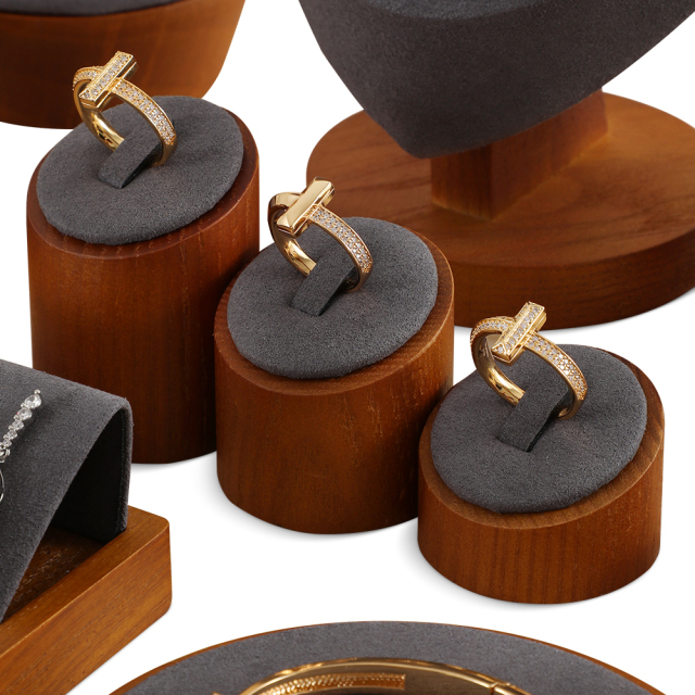 Yinbeini Ring Display Holder Wooden 3Pcs Ring Display Stand with Microfiber Ring Storage Organizer Rack Shop Show Prop SM044