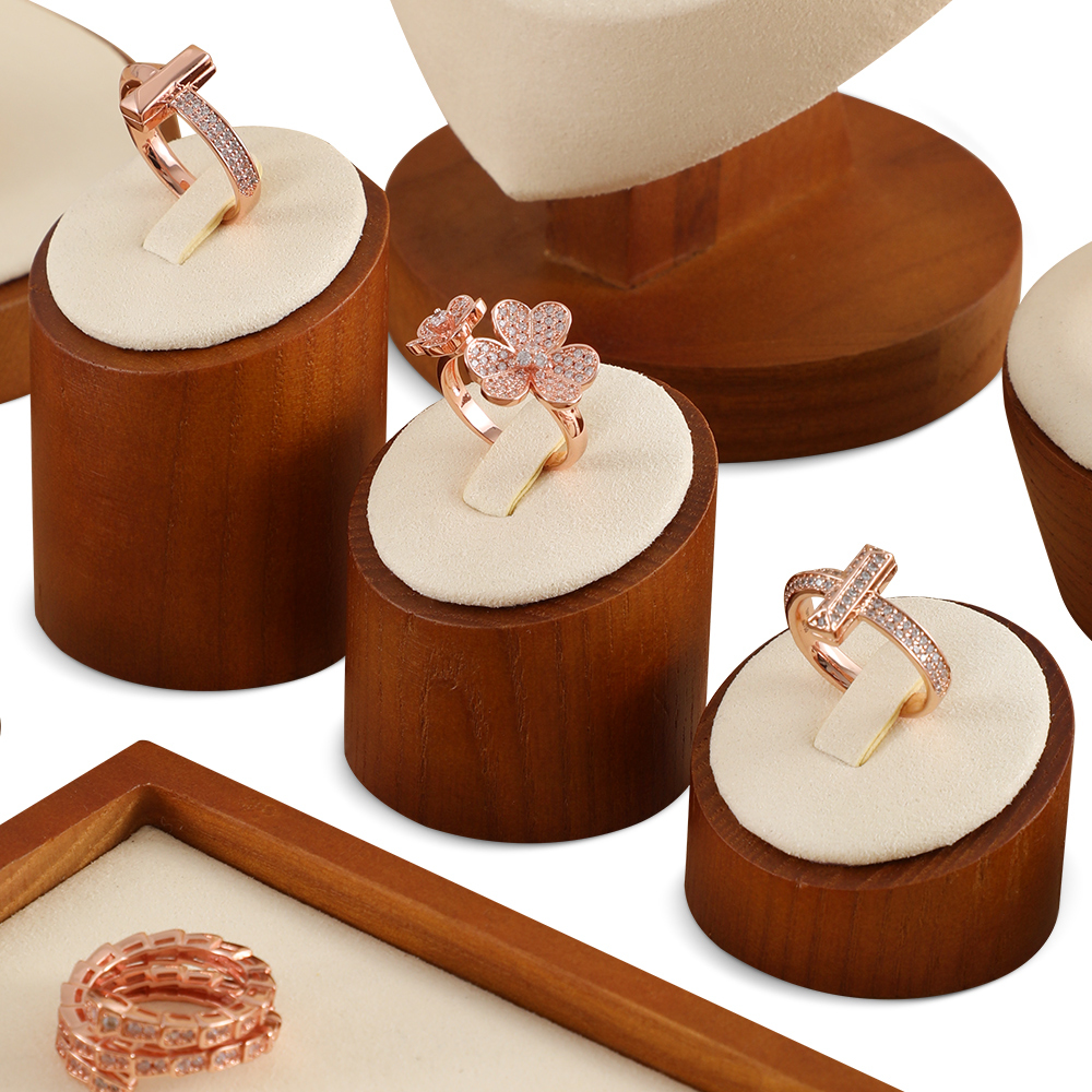 Yinbeini Ring Display Holder Wooden 3Pcs Ring Display Stand with Microfiber Ring Storage Organizer Rack Shop Show Prop SM044