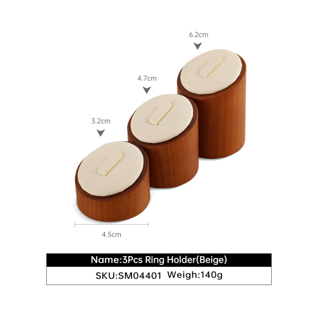 Yinbeini Ring Display Holder Wooden 3Pcs Ring Display Stand with Microfiber Ring Storage Organizer Rack Shop Show Prop SM044