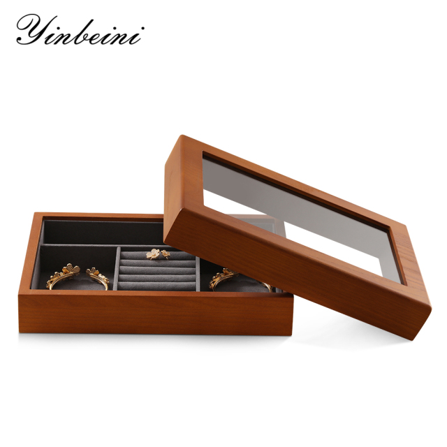 Yinbeini Ring Earring Necklace Bracelet Display Case with Cover Wooden Jewelry Organizer Tray Drawer Jewelry Storage Box X010