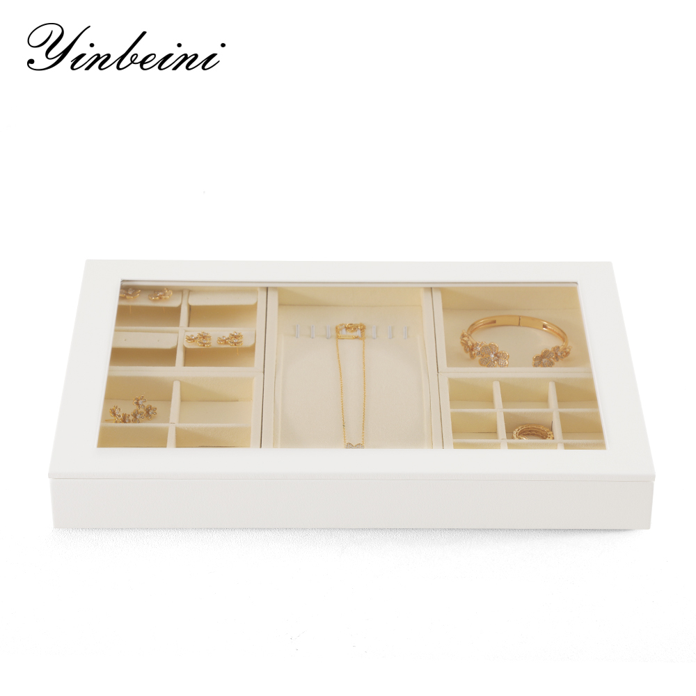 Yinbeini Ring Earring  Bracelet Necklace Display Case with Cover Tray Drawer Jewelry Storage Tray Microfiber Jewelry Organizer P013