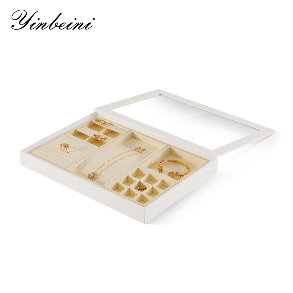 Yinbeini Ring Earring  Bracelet Necklace Display Case with Cover Tray Drawer Jewelry Storage Tray Microfiber Jewelry Organizer P013