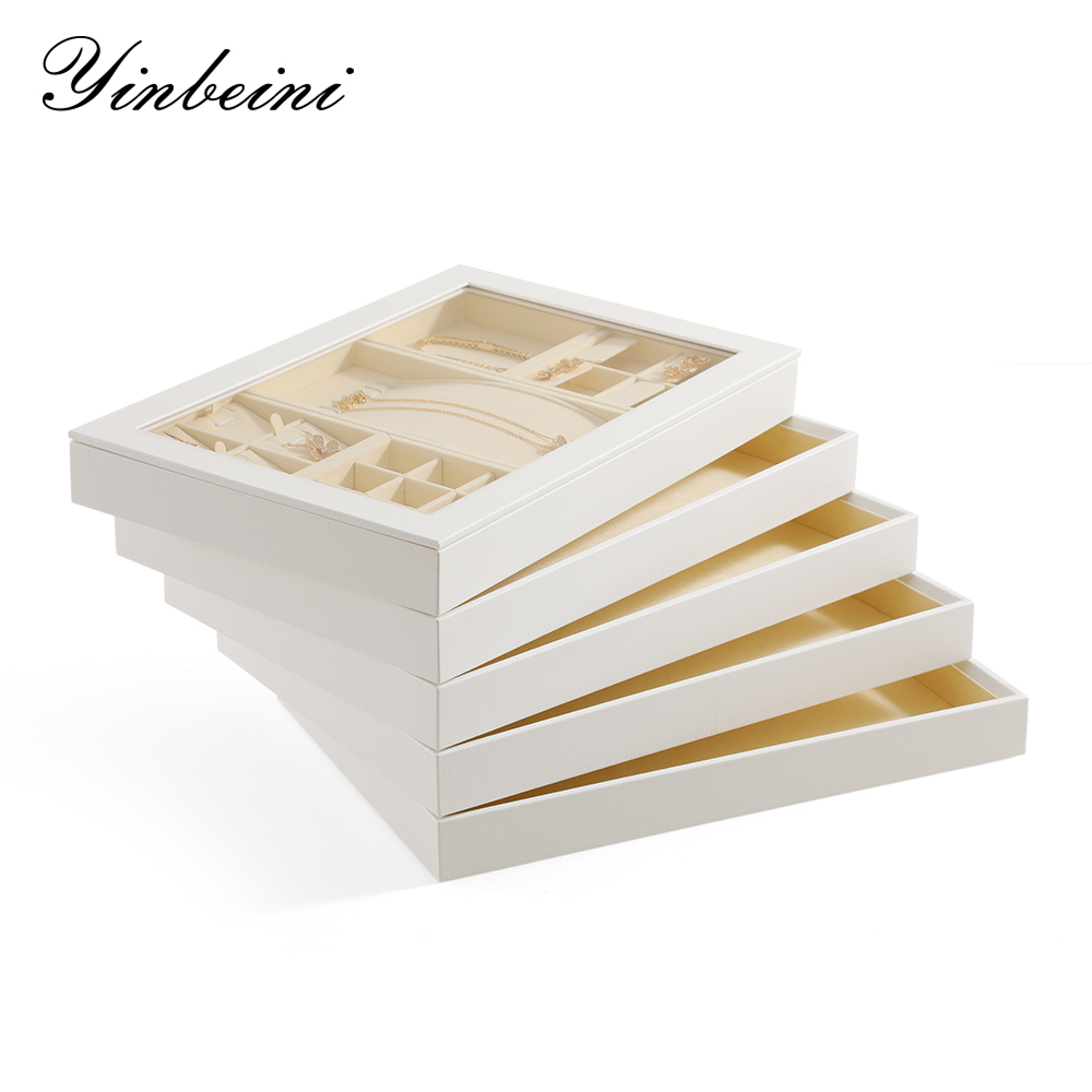Yinbeini Ring Earring  Bracelet Necklace Display Case with Cover Tray Drawer Jewelry Storage Tray Microfiber Jewelry Organizer P013