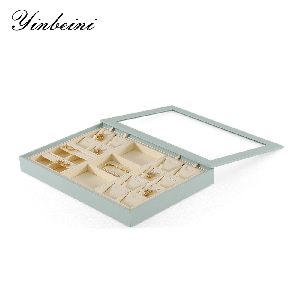 Yinbeini Ring Earring  Bracelet Necklace Display Case with Cover Tray Drawer Jewelry Storage Tray Microfiber Jewelry Organizer P013