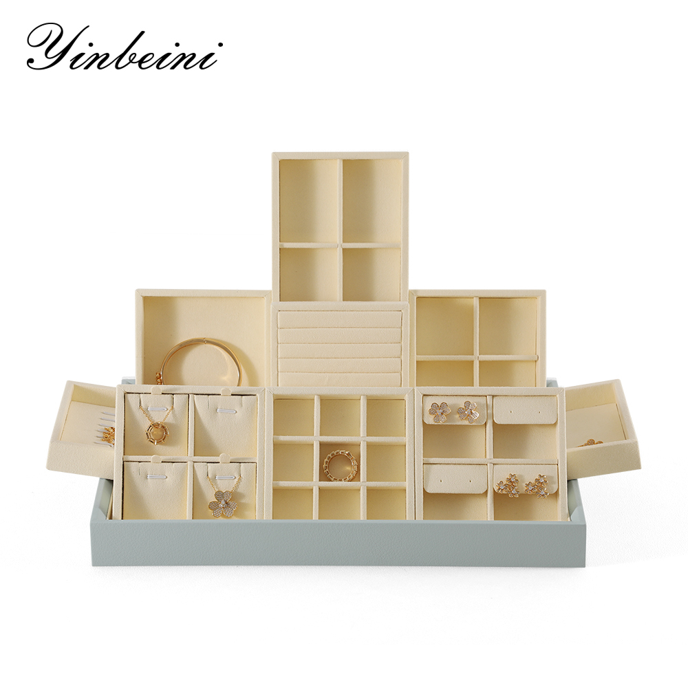 Yinbeini Ring Earring  Bracelet Necklace Display Case with Cover Tray Drawer Jewelry Storage Tray Microfiber Jewelry Organizer P013