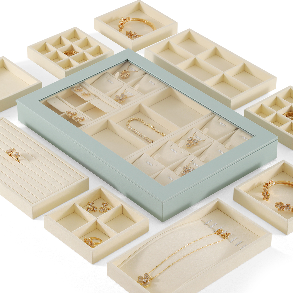 Yinbeini Ring Earring  Bracelet Necklace Display Case with Cover Tray Drawer Jewelry Storage Tray Microfiber Jewelry Organizer P013