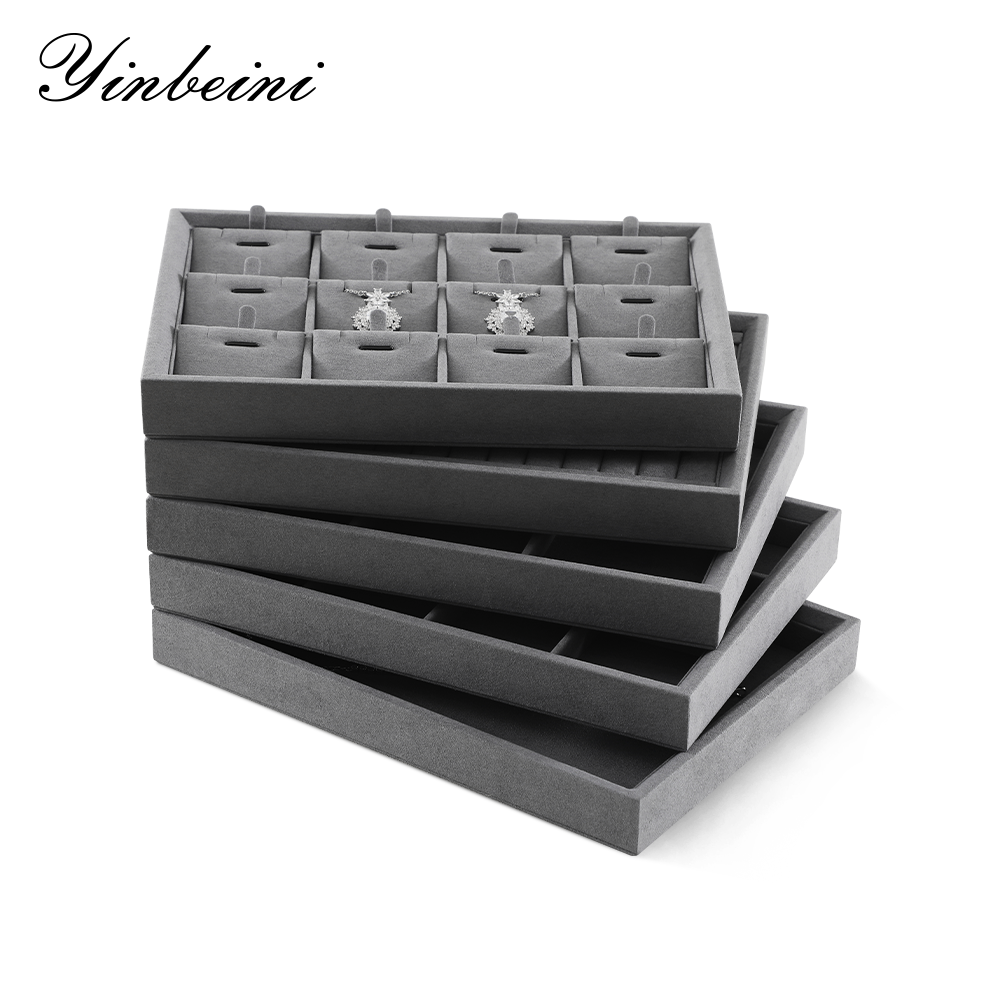 Yinbeini Stackable Bracelet Ring Earring Necklace Display Tray Storage Dresser Drawer Organizer Microfiber Jewelry flat tray  P044