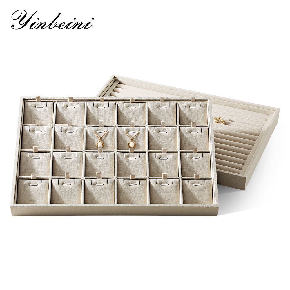 Yinbeini Three In One Linen Jewelry Combination Tray Independent Partition For Ring Earring Necklace One Tray Multi Purpose Reduce Cost P063