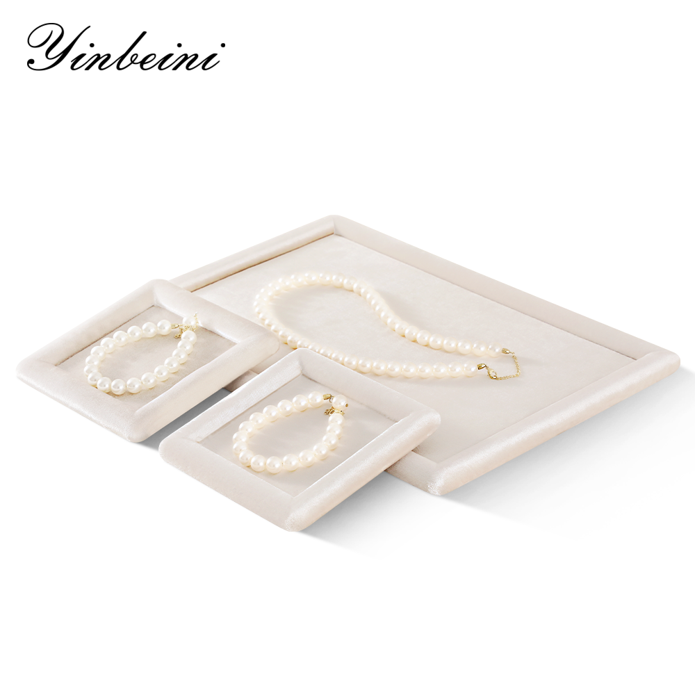Yinbeini Beige Velvet Ring Display Tray for Ring and Necklace Dangle Ideal for Retail Boutiques and Home Organization P084