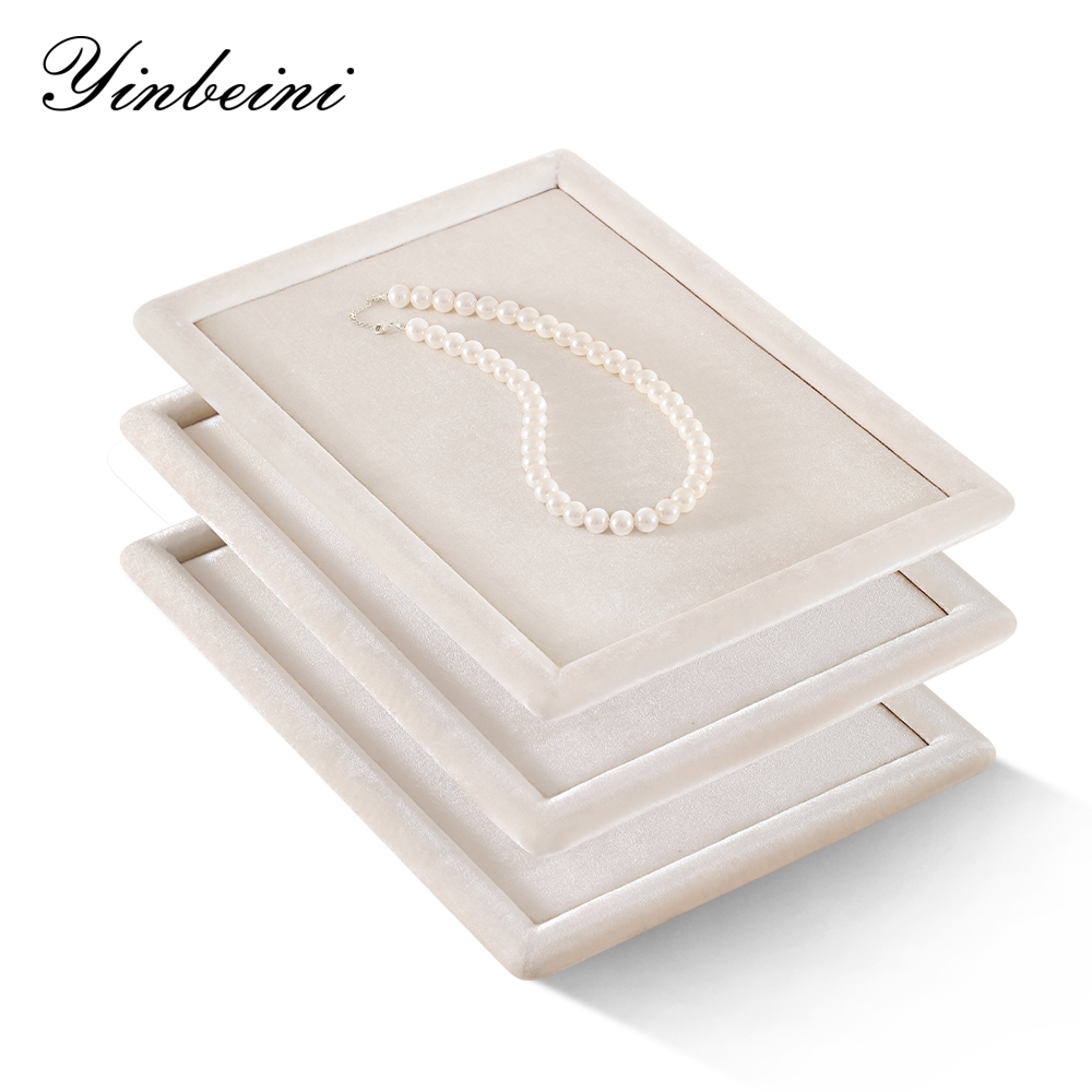 Yinbeini Beige Velvet Ring Display Tray for Ring and Necklace Dangle Ideal for Retail Boutiques and Home Organization P084