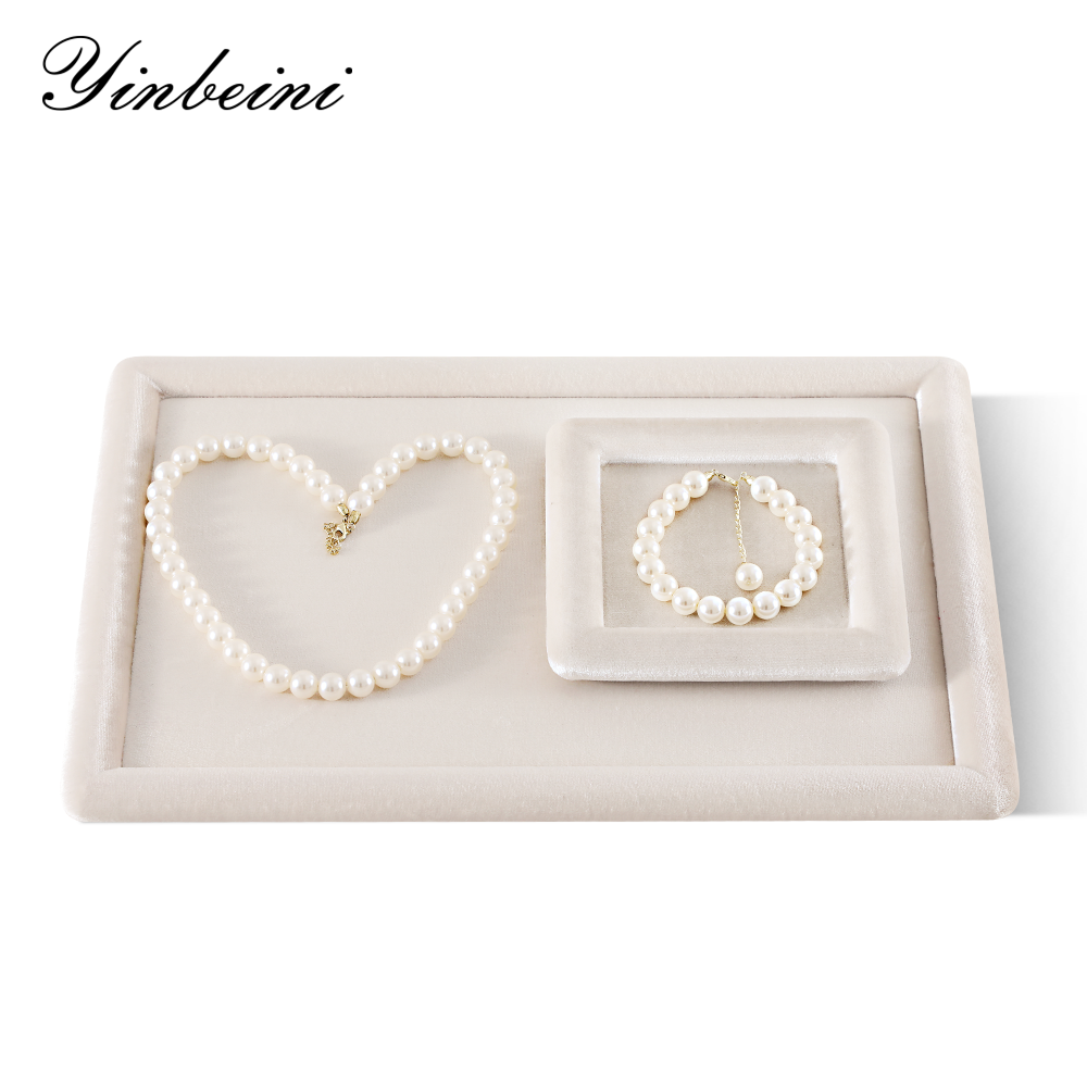 Yinbeini Beige Velvet Ring Display Tray for Ring and Necklace Dangle Ideal for Retail Boutiques and Home Organization P084