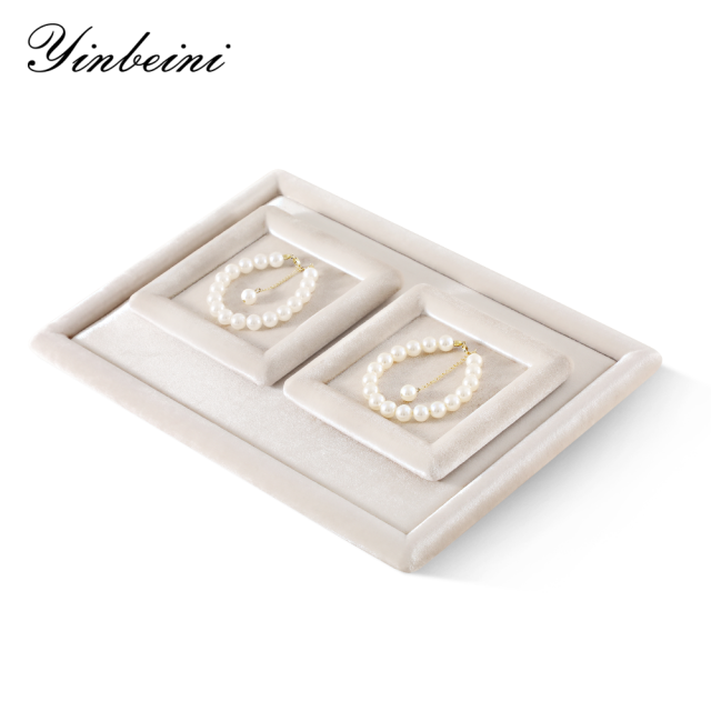 Yinbeini Beige Velvet Ring Display Tray for Ring and Necklace Dangle Ideal for Retail Boutiques and Home Organization P084