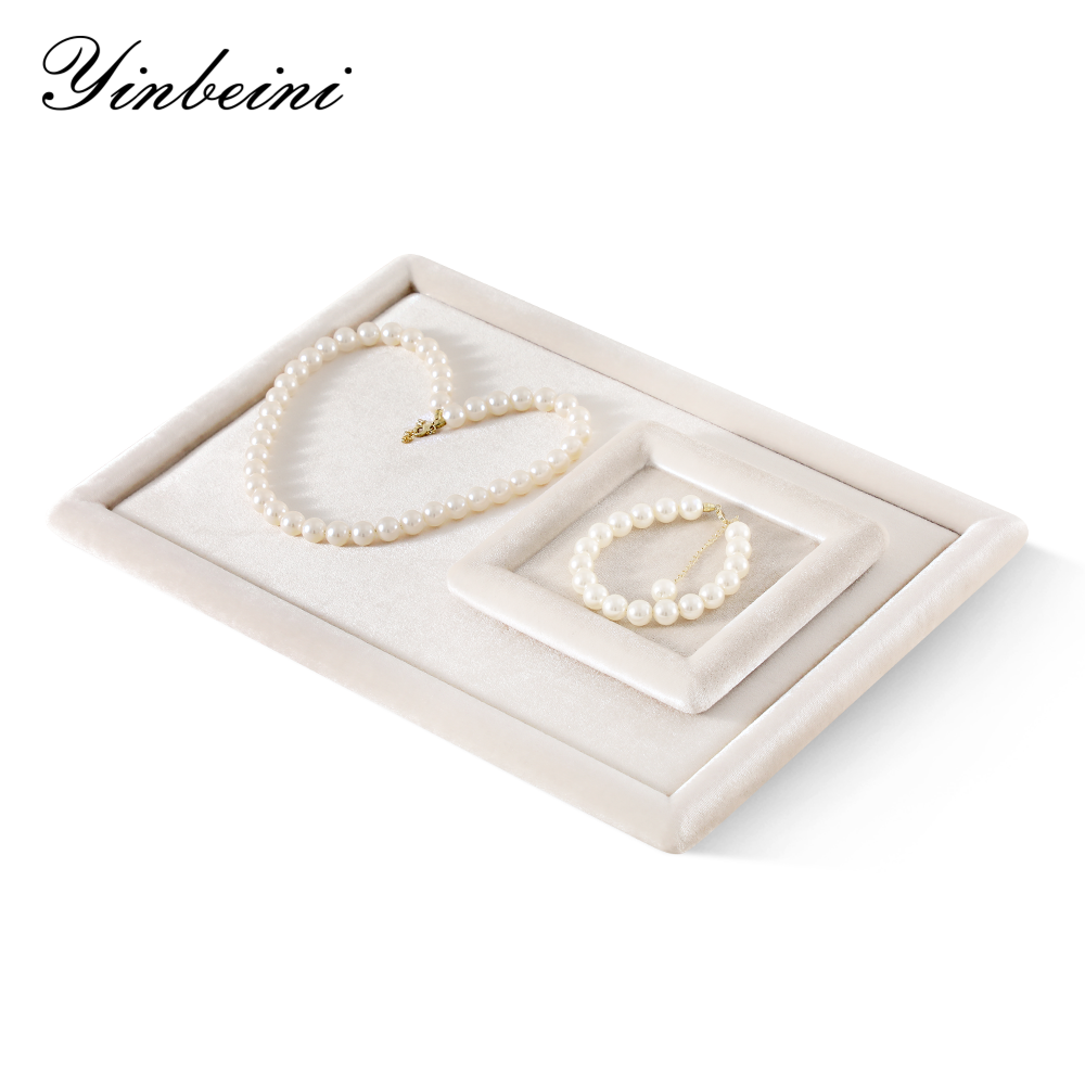 Yinbeini Beige Velvet Ring Display Tray for Ring and Necklace Dangle Ideal for Retail Boutiques and Home Organization P084