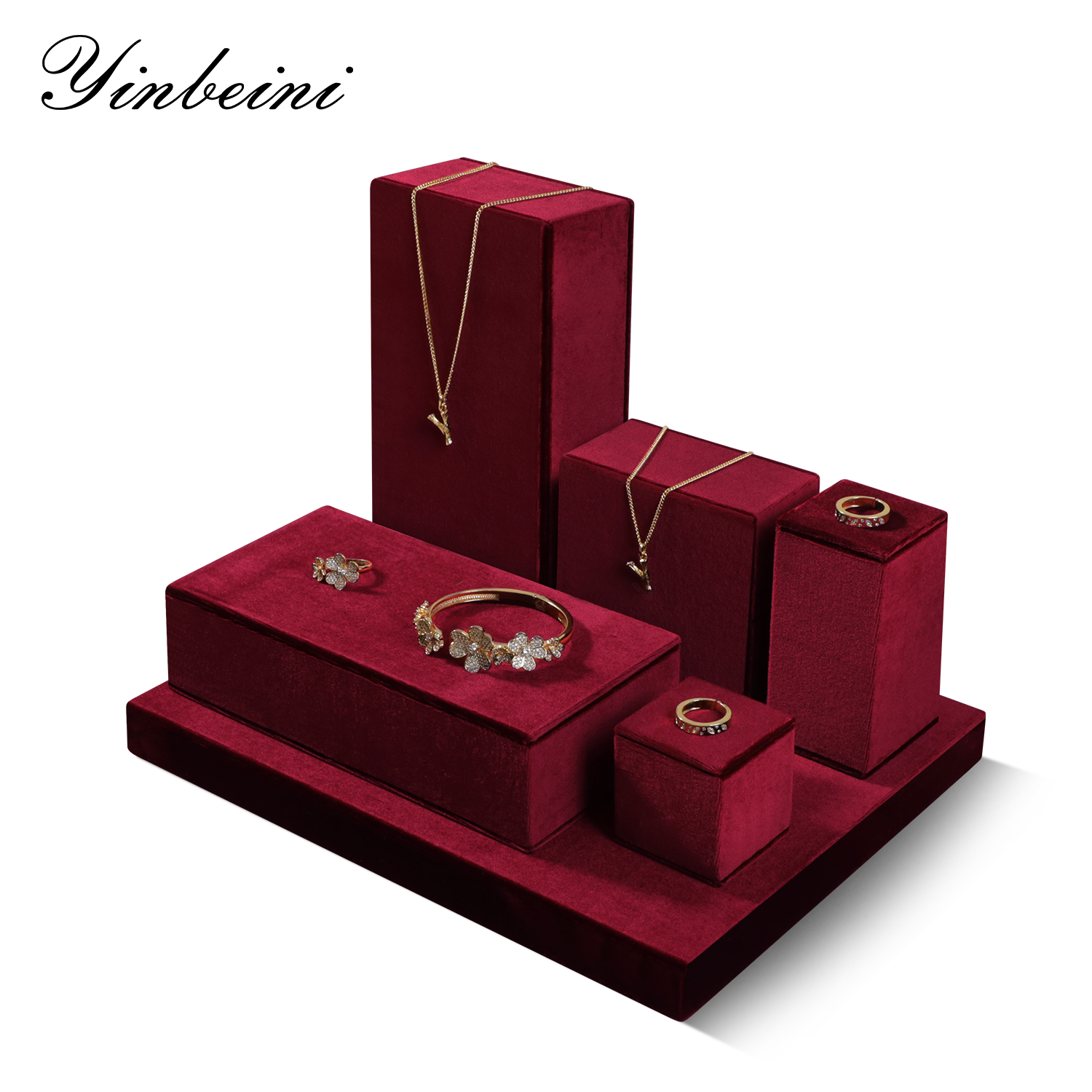 Yinbeini Velvet Necklace Ring Earring Display Stand Jewelry Storage Sets Pendant Bracelet Storage Stand jeweler counter jewelry counter Red TB006