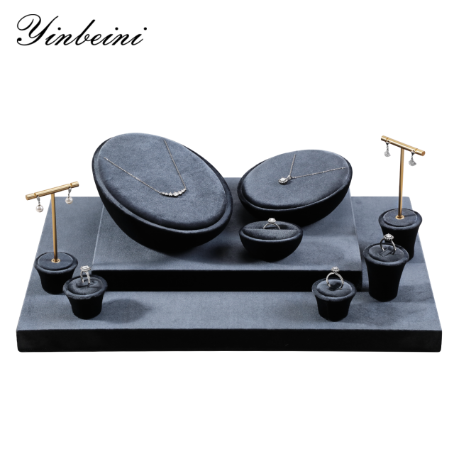 Yinbeini Velvet Jewelry Showcase Organizer Jewelry Set Velvet Grey Ring Earring Necklace Holder jeweler counter jewelry counter TB020