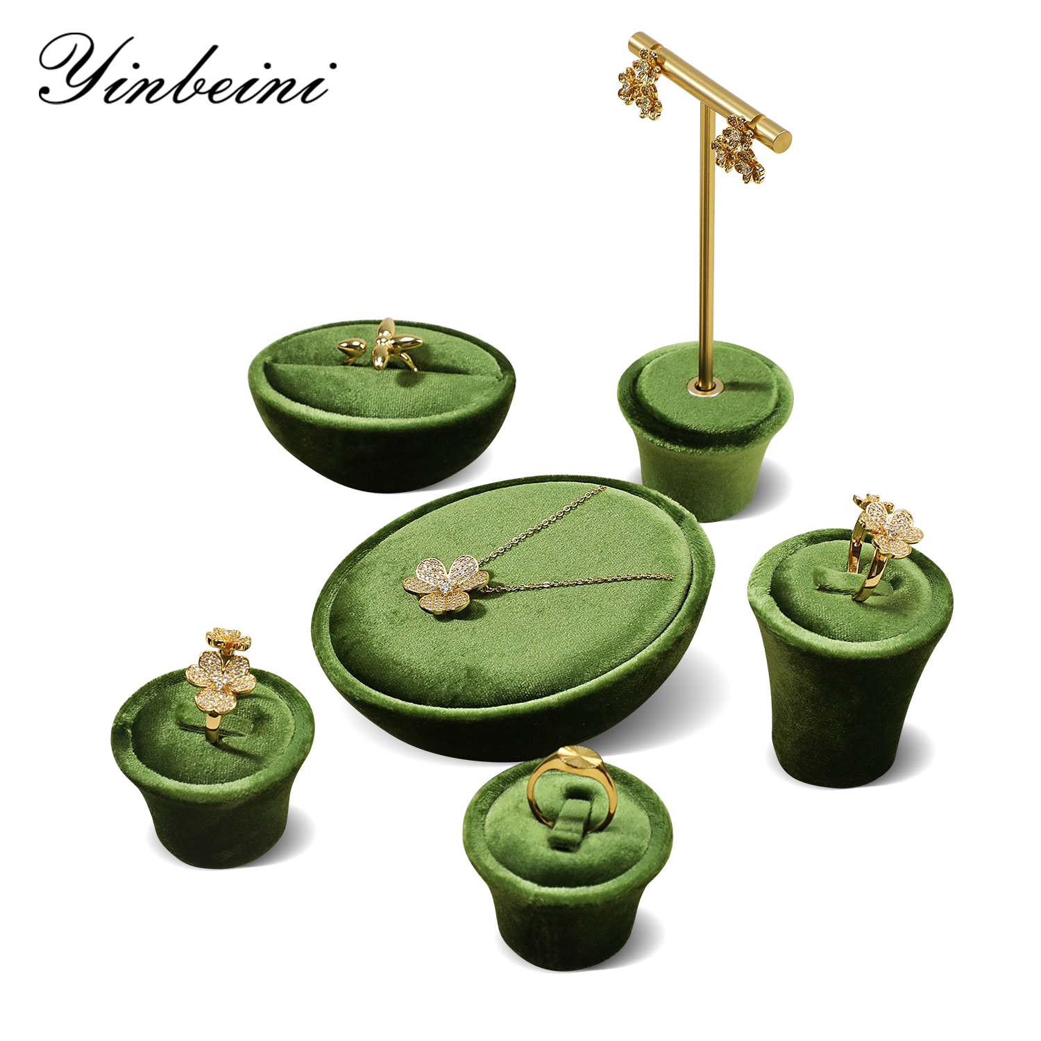 Yinbeini Olive Green Ring Earring Necklace Holder Jewelry Showcase Organizer Velvet Jewelry Set Velvet jeweler counter jewelry counter TB021