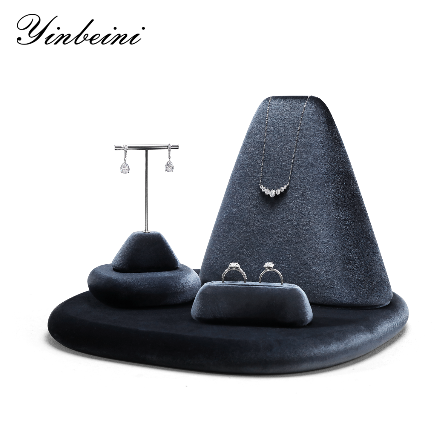 Yinbeini Gray Velvet Necklace Ring Earring Display Stand for Jewelry Safe Storage and Protection from Scratches TB042
