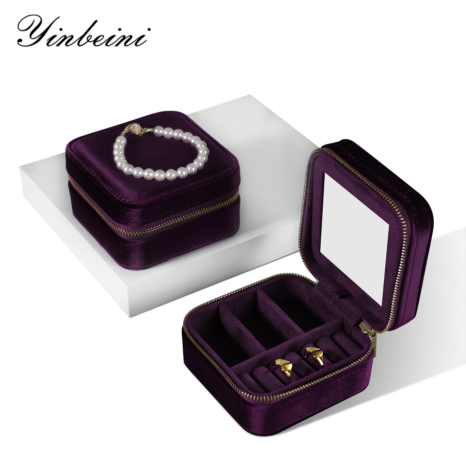 Yinbeini Purple Zippered Jewelry Organizer Stores Earrings Rings Necklaces and Bracelets Includes a Built-in Mirror for Easy Wearing BX001